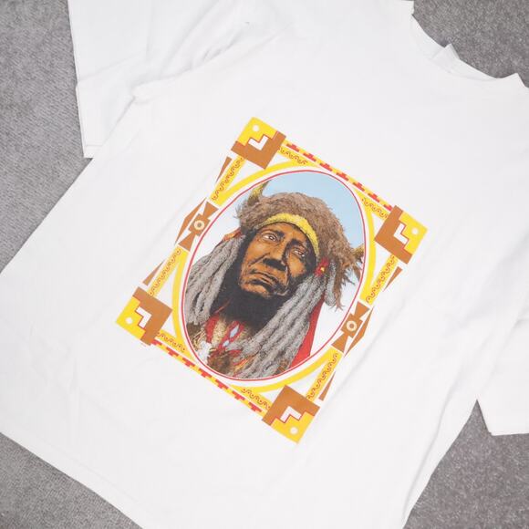 VTG 90s Native American Chief Tribal XL White Short Sleeve T-Shirt - Picture 7 of 10